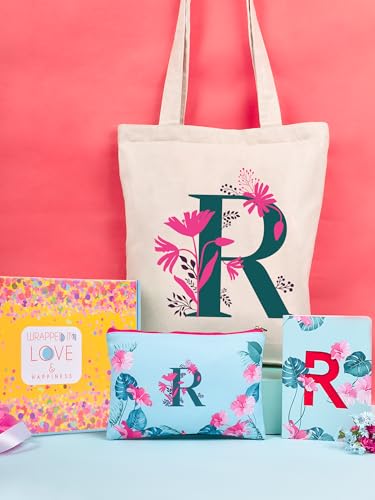 Image of DOODLE Monogram R Diary Gift Set with Tote Bag and Pouch | B6 Soft Bound Ruled Notebook | Stationery Gift Set for Women