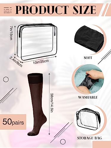 Image of 50 Pairs Sheer Knee Stockings Bulk for Women Nylon Knee Highs Pantyhose Socks for Lady with PVC Makeup Bag