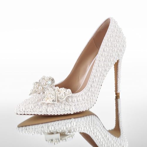 Women's Pearl Rhinestone Bow High Heels Pumps Sparkly Wedding Closed Pointed Toe Bridal Dress2