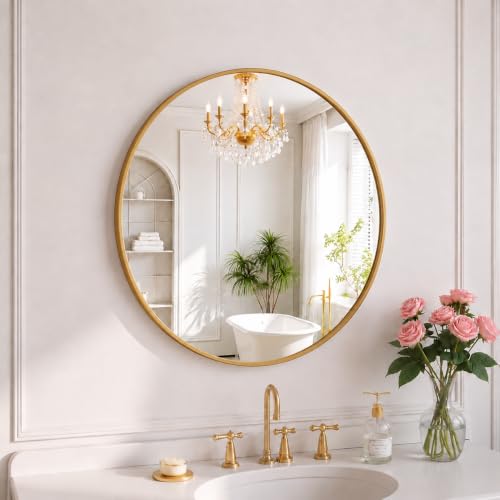 Image of Simple Deluxe 20 Inch Round Bathroom Mirror, Black Vanity Mirror with Metal Frame, Modern Circle for Bathroom, Entryway, Bedroom, Living Room, Wall Mounted Decorative Mirrors (Gold)