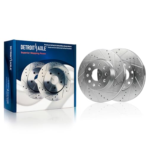 Image of Detroit Axle - Front Brake Kit for 2015-2019 Cadillac ATS 12.64 inch inch Drilled and Slotted Disc Brake Rotors Ceramic Brakes Pads with Hardware 2016 2017 2018 Replacement