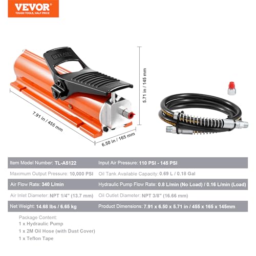 Image of VEVOR 10,000PSI Air Hydraulic Pump, 0.18 Gal Reservoir, NPT 3 /8 in Oil Outlet, NPT 1 /4 in Inlet, Metal Shell Air Actuated Treadle Foot Pump, for Precision Industrial Machinery & Aerospace Equipment