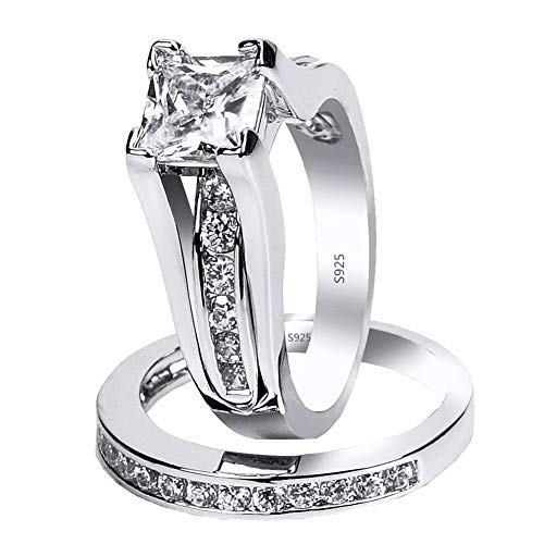 MABELLA 925 Sterling Silver Cubic Zirconia Princess Cut Women’s Wedding Engagement Bridal Ring Set