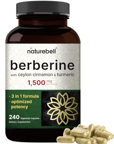 NatureBell Berberine Supplement 1 500mg with Ceylon Cinnamon & Turmeric Root 240 Veggie Capsules | 97% Pure Berberine HCL | Supports Balanced Sugar Levels & Heart Health | Vegan Non-GMO