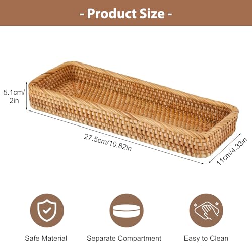Rechteckiges Rattan Brotkorb Geflochten - Kosmetik Aufbewahrungskorb für Badezimmer, natürlich gewebte Servierplatte 27.5 x 11 x 4cm- Deko Aufbewahrungsschale für Make-up, Accessoires Deko