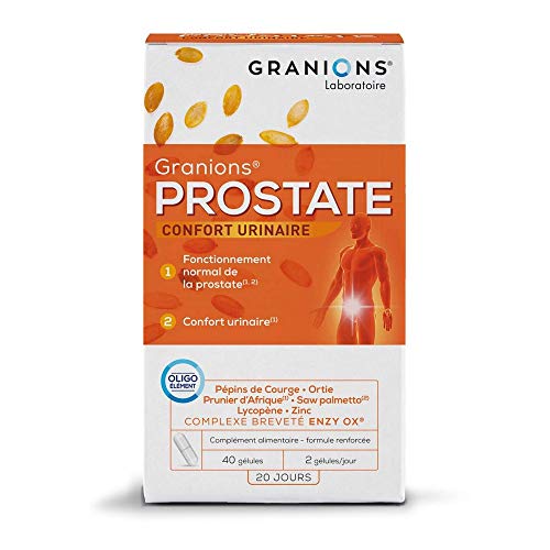 GRANIONS Prostate - 40 Gel = 20 Jours - Prunier D'Afrique, Palmier Nain, Ext. D'Ortie, Pépins de Courge, Lycopène, Cpx Breveté enzy Ox [Coenzyme Q10, Vit E, Vit B6], Zinc Confort Urinaire Masculin
