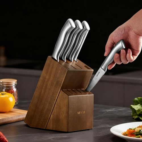 VEVOR Juego de Cuchillos de Cocina, con Bloque de Madera y Afilador, con Cuchillos Afilados de Acero Inoxidable de Alto Carbono, con Mango Ergonómico, 15 Piezas, 123 x 190 x 345 mm, Color Plata - imagen 8