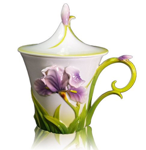 Unique Purple Flower Porcelain Coffee Mug with Lid Tea Cup Present Gift for Woman Mom 11OZ