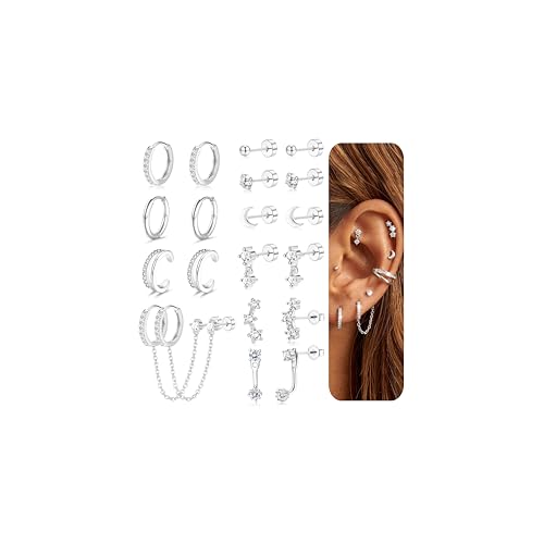 Florideco 14K Gold Plated Earrings for Women Hypoallergenic 20G Surgical Stainless Steel Flat Back Stud Earrings Dainty Stackable Earring Stacks Small Cartilage Earring Sets for Multiple Piercing 10