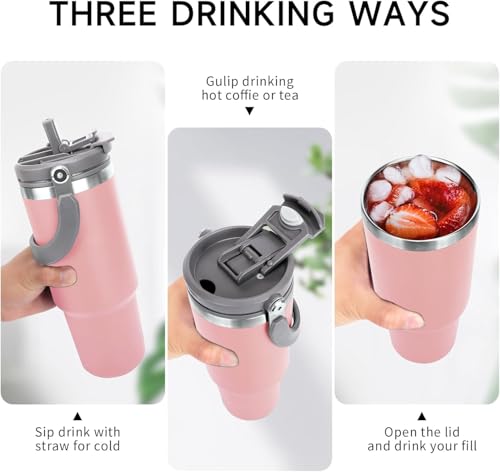 Image of 900ml Tumbler with Handle and Straw Stainless Steel Double Wall Insulated Tumblers Cup, Coffee Mug Travel Icold up 17h - Hot 12h Tumbler for Car Office Gym Travel (Pink)