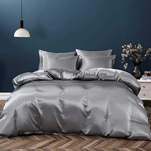 P Pothuiny 5 Pieces Satin Duvet Cover Full/Queen Size Set, Luxury Silky Like Grey Duvet Cover Bedding Set with Zipper Closure, 1 Duvet Cover + 4 Pillow Cases (No Comforter)