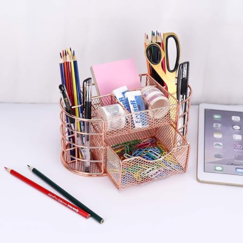 Image of 9 Compartment Metal Desk Organizer & Makeup Storage Holder with Detachable Drawer | Multi-Purpose Stationery, Cosmetic & Office Desk Organizer for Home, Study Table & Vanity (Rose Gold)