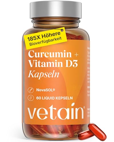 VETAIN Kurkuma Kapseln hochdosiert -185x höhere Bioverfügbarkeit - Mizell Curcumin NovaSOL + Vitamin D3 - Ohne Piperin - 60 flüssige Kapseln - Vegan & laborgeprüft