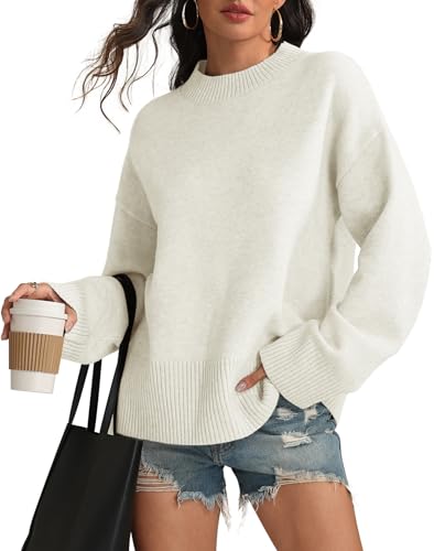 ATHMILE Sweaters for Women 2025 Fall Fashion Outfits Long Sleeve Loose Casual Crewneck Ribbed Knit Pullover Winter Clothes Cream White