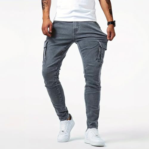 MLGBNM Urbanelite Cargo Jeans,Men's Casual Slim Fit Stretch Denim Cargo Pants Hip Hop Denim Work Pants with Cargo Pockets,Men's Hip Hop Denim Tapered Sweatpants - Image 3