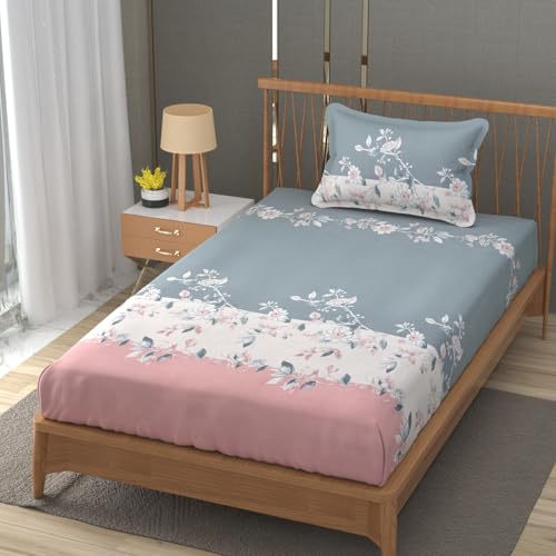 Image of Vram Premium Heavy Cotton Elastic Fitted Bedsheets with 1 King Size Pillow Covers || Single Bed with All Around Elastic 350 TC || 36 x 78 x 6 Inch Single Size Fitted || :- Pink Tricolor