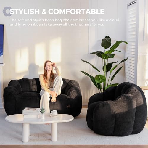 Image of MAXYOYO Bean Bag Chair for Adults, Loveseat Floral Shaped Bean Bag Sofa, Ultra Soft Love Seat Mini Sofa Couch, Faux Fur Reading Chair for Living Room Bedroom, Black