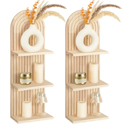 Geetery 2 Pcs Boho Wall Shelf Arch Wooden Floating Shelves Mid Century Rainbow Wall Shelf Hanging Holder Double Vintage Mount Altar Decor for Nursery Bedroom(3 Tier)