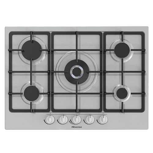 Hisense GM773XF 75cm 5 Burners Built-in Gas Hob with Easy Clean Surface, Wok Burner - Stainless steel