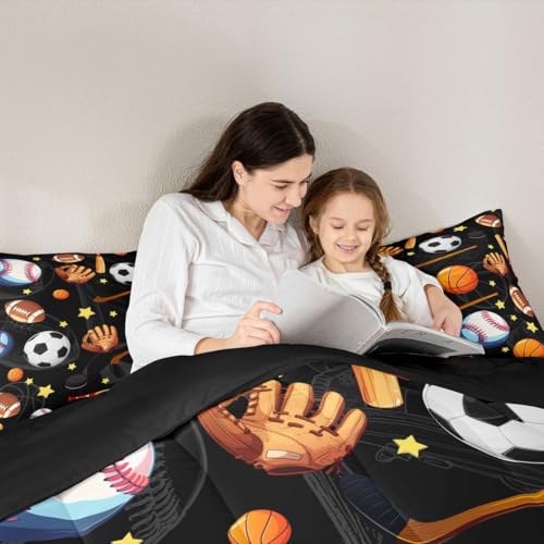 Image of Feelyou Soccer Basketball Comforter Set Queen Size Football Baseball Hockey Bedding Set for Kids Boys Girls Gaming Sports Black Duvet Quilt Bedroom Decor Microfiber 3 Pcs with 2 Pillow Cases