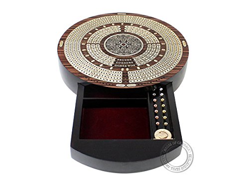 House Of Cribbage - 10" Round Shape 4 Tracks Continuous Cribbage Board - Rosewood / Maple - Push Drawer With Score Marking Fields For Skunks, Corners & Won Games #TOP2