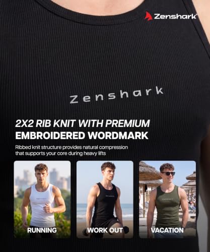 Image of ZENSHARK Gym Vest for Men | Sleeveless T Shirt Sando Tank Top | 2x2 Ribbed Cotton Lycra Ribbed Vest | Round Neck Slim Fit 4 Way Stretch | Sleeveless Gym T Shirt for Workout Training