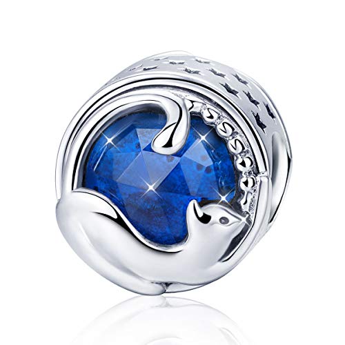 Preisvergleich Produktbild Charm-Anhänger Glückskatze, 925 Sterlingsilber, blauer Geburtsstein, Tier-Charm, passend für Pandora-Armbänder und Halsketten