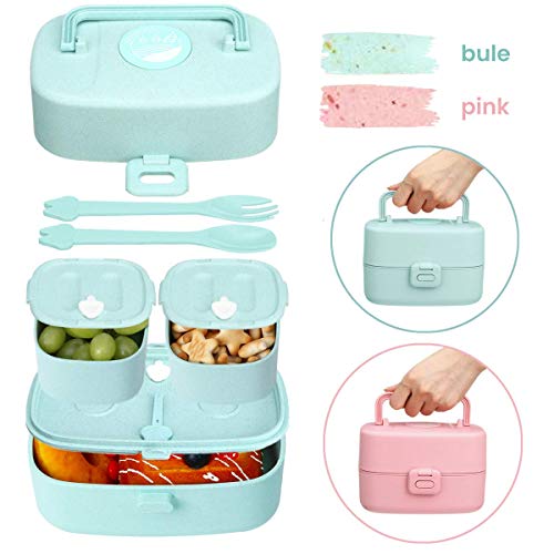 Godmorn Lunch Box, Fiambrera Compartimentos con asa, bento Box Infantil con 3 Compartimentos, Apto para lavavajillas, sin BPA, Paja ecológica, 860ml Caja de Bento (Azul)