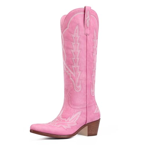 Ouepiano Pink Cowboy Boots for Women Knee High Pink Cowgirl Boots with Classic Embroidered Pull On Pointed Toe Chunky Heel Vintage Wedding Country Western Boot Wide Calf Botas Vaqueras Size 8