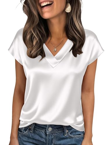 Zeagoo Top Soie pour Femme à Manches Courtes t-Shirt Chemisier en Satin à col V Chemise de Travail élégante Blouse Tunique Blanc S