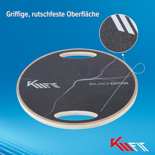 KM-Fit Balance Board rund | Therapie-Kreisel aus Holz | Gleichgewichtstrainer mit Handgriffen | Indoorboard, Wackelbrett für Koordinationstraining | Kraft- & Gleichgewichtstrainer