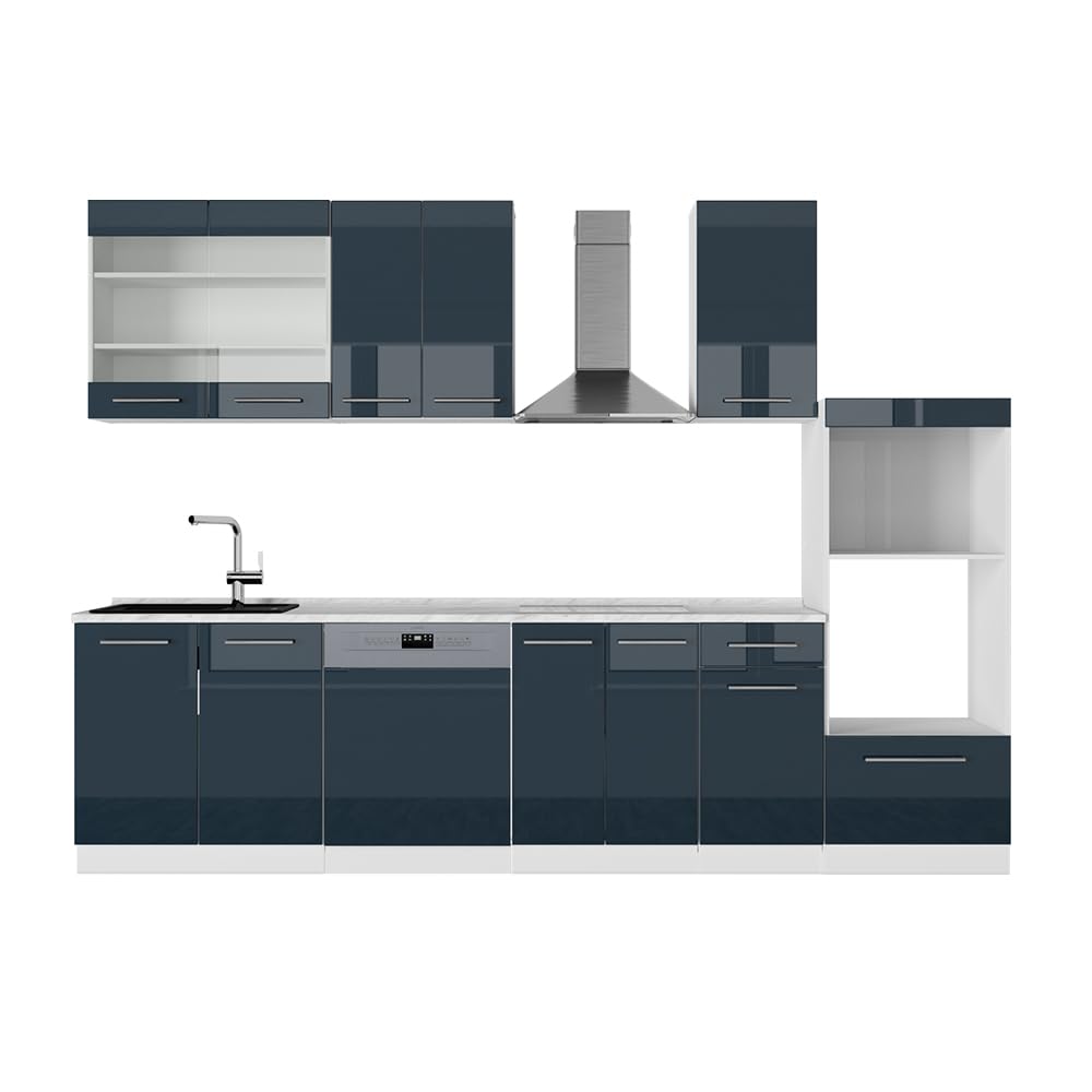 Vicco Mueble de Cocina Fame-Line, Azul Oscuro Alto Brillo/Blanco, 300 cm con Armario Alto, sin encimera, para ampliación Individual con módulos complementarios