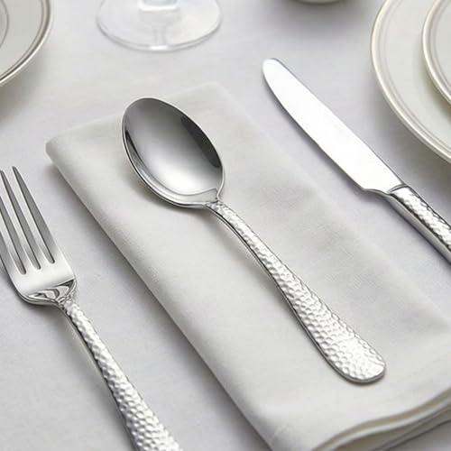 Image of 8.1 inch Hammered Sterling Silver Silverware Dinner Spoons | 5-Piece Premium Stainless Steel Flatware Set | Dishwasher Safe Cutlery Set for Home, Restaurant & Gifting
