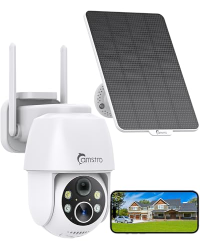 CAMSTRO 2K Solar Security Cameras Wireless Outdoor, WiFi Cameras for Home Security Battery-Powered, 360° PTZ, 3MP Color Night Vision, Two-Way Audio, Alexa/Google Assistant, 2.4Ghz Only