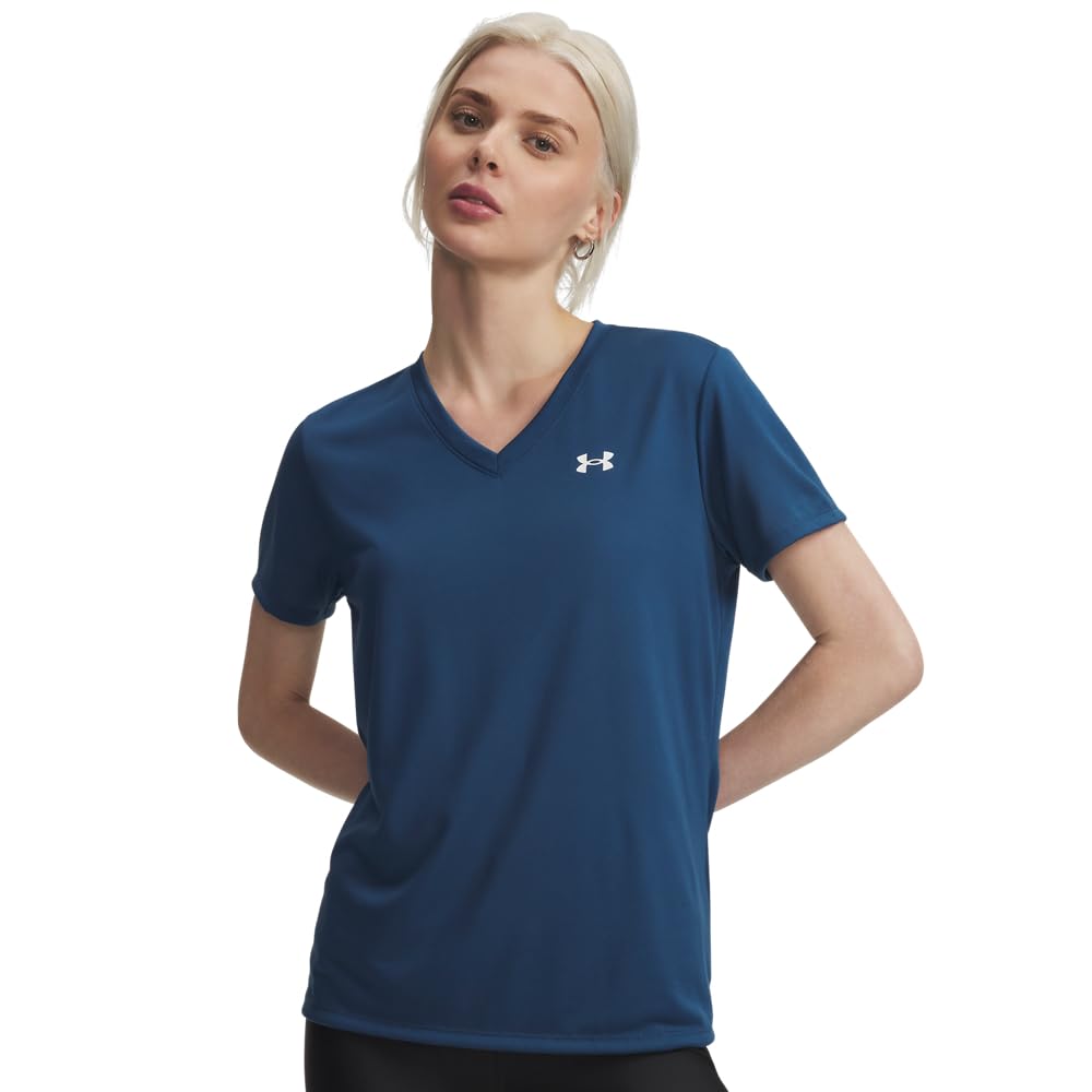 Under Armour Ua Tech Short Sleeve V-Neck Top - Wham / Blue/White Medium