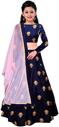 Shreeji Fashion Girls Taffeta Silk Semi-Stitched Lehenga Choli (sj_ cham blue 4 kids_Blue_12-14 Years)
