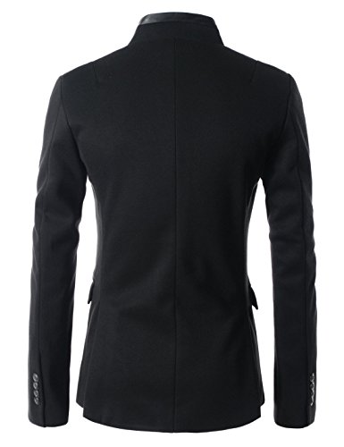 TheLees (LPJ03) Mens Slim Fit China Collar Leather Patched 2 Button Blazer Black US XXS(Tag Size M)