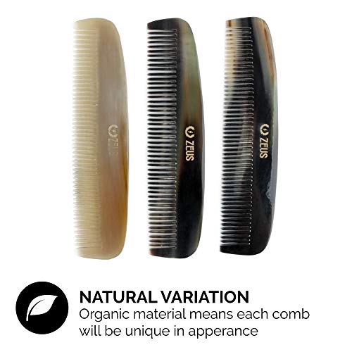 Zeus Wide Tooth Natural Horn Beard Comb W/Leather Case, Saw-Cut, Anti-Static, Tames, Smooth Glide For Long/Thick Beards #TOP3