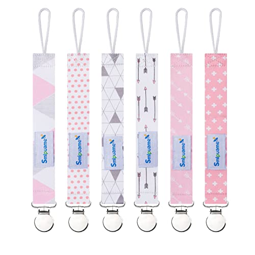 Image of Smlpuame Pacifier Clip Girl,6 Pack Stylish Binky Clips Strap for Baby Girls,Paci Holder with Metal Clip Lightweight Universal Fits Most Pacifiers Teether Toy Soothie,Baby Gifts(Pink & Grey)