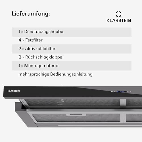 Klarstein Dunstabzugshaube 90cm, Abluft-Dunstabzugshaube mit Spülmaschinenfestem Filter aus Aluminium, Leise Abzugshaube Abluft, 640m³/h Luftstrom, Effiziente Wandhauben mit LEDs & Touch Controls