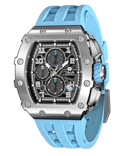 TSAR BOMBA Men’s Watch Wristwatches for Men 50M Waterproof Watches Men Tonneau Stainless Steel Case Sapphire Glass with Chronograph Date Function Japanese Quartz Movement Gifts Fashion Luxury