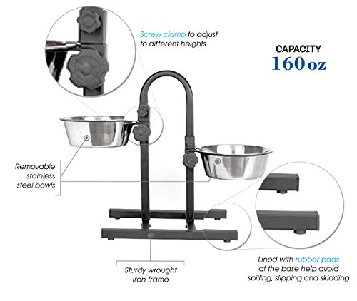 Iconic Pet Adjustable U-Design Double Diner - Anti-Skid Rubber Base Noise Free Stable Dog Food Stand With 5 Quart/ 160 Oz Stainless Steel Elevated Dog Food Bowls For Proper Growth & Digestion #TOP5