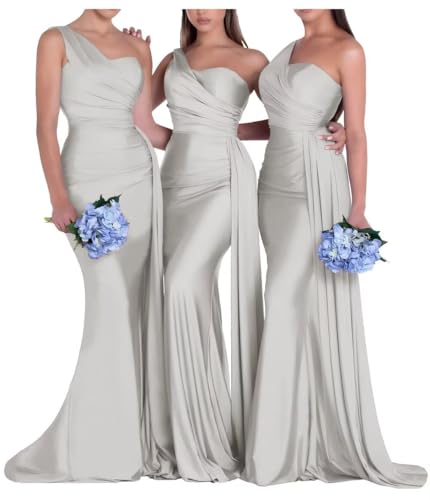 One Shoulder Bridesmaid Dresses Mermaid Satin Long Ruched Bodycon Formal Evening Dress for Women Silver 12