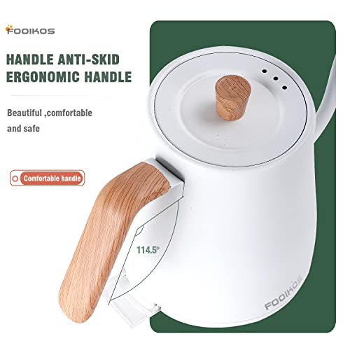 Fooikos Electric Gooseneck Kettle 0.8L For Pour Over Coffee And Tea, Food Grade 304 Stainless Steel, 1000W Quick Heating (White) #TOP2
