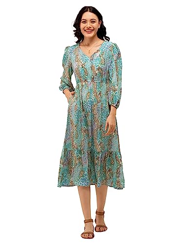 Image of AASK Abstract Printed Puff Sleeve Gathered Detailed Fit Flare Dress