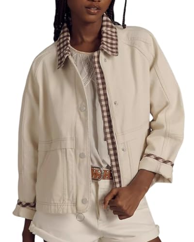 VAOYIU Women Snap Button Denim Jacket Cuffs Loose Plaid Collar Outfit Trendy Jean Coat with Pockets Spring Autumn Wear