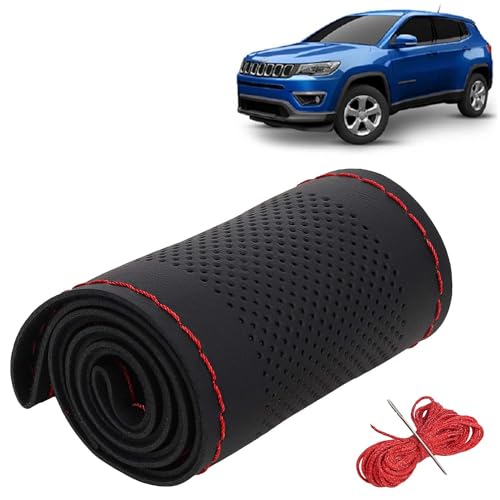 Image of KINGSWAY PU Leatherite Car Steering Cover Sewable Compatible with Jeep Compass (Year 2017-2020), Black Color with Red Thread, Pack of 1 with Sewing Needle and Thread