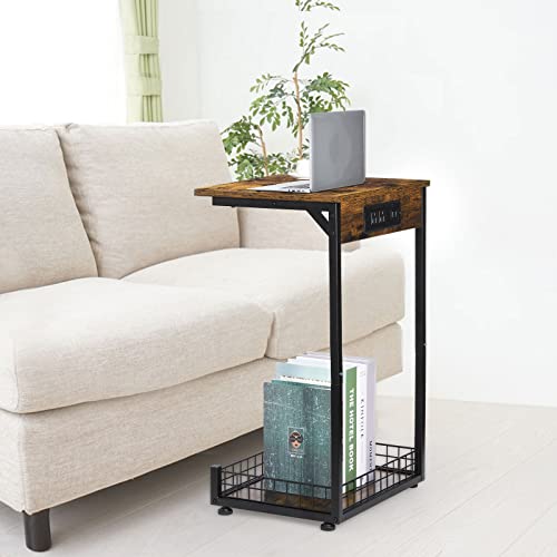 Abq End Table With Charging Station & Usb Ports, C Shaped Tv Tray Table With Storage Shelf, Narrow Side Table For Laptop, Sofa, Living Room, Bedroom #TOP1
