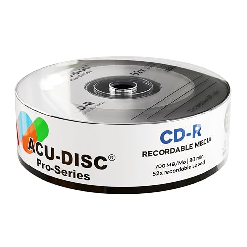ACU-DISC Pro-Series CD-R80 700MB 52x 80min Blank Discs UV Protection Hard Coat Anti-Scratch Surface – Perfect for Photos & Videos – Compatible with Any CD Drive 17653– 25 Pack