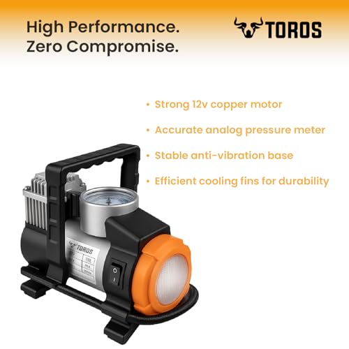 Image of TOROS Topper Heavy-Duty Tyre Inflator /Air Compressor with Auto Cut-Off & LED Light,120 Watts, Copper Armature, Metal Cylinder, 35 Liters Per Minute, 12V Dc, 150 Psi with 15 Months warranty (TOPPER)